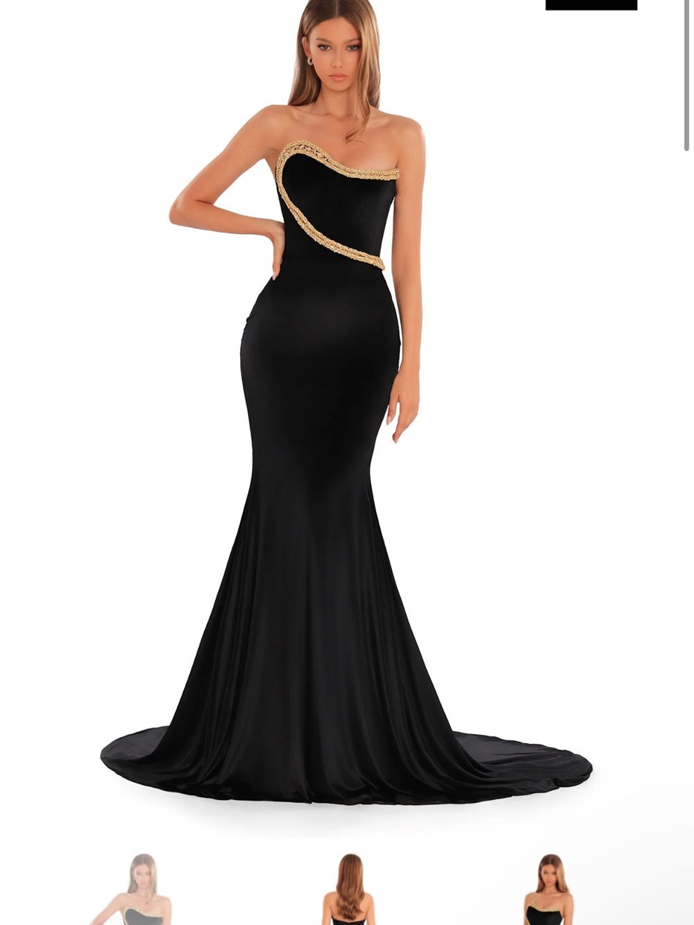 Strapless Black Mermaid Gown with Gold Accent